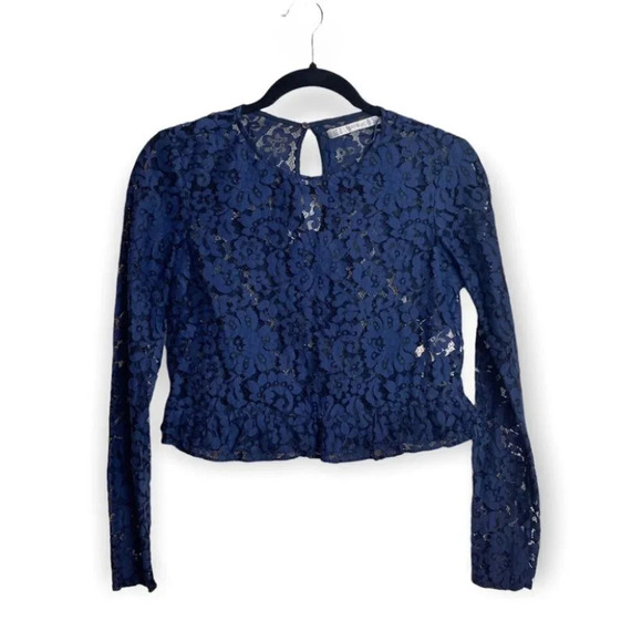 ZARA Trafaluc Navy Blue Floral Lace Peplum Croppped Long Sleeve Top - Picture 2 of 9